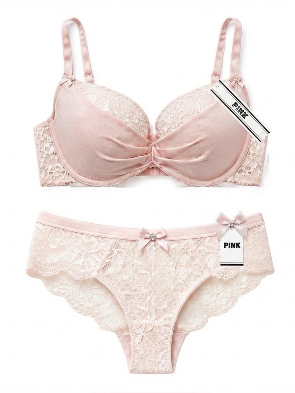 Satin & Lace Balconette Bra and Brief Set - Blush